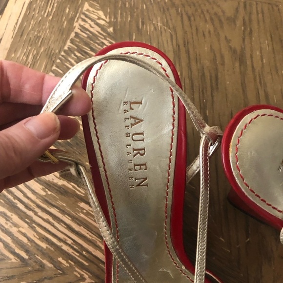 Lauren Ralph Lauren Berdy Red & Gold Open Toe Patent Leather Wedge Sandal Sz 9 - Picture 5 of 9